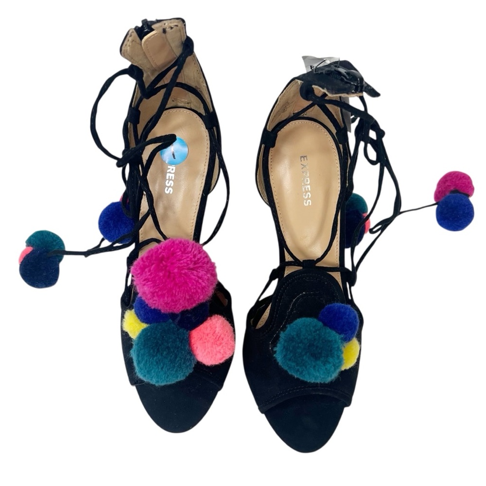 NWT Express Black Faux Suede Lace Up Pompom Open Toe Heel (flawed)